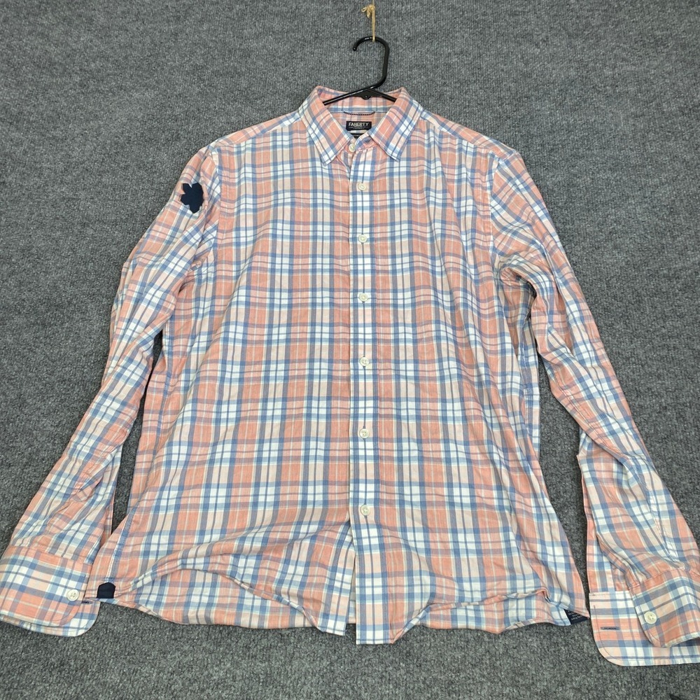 Faherty Reserve The Movement Shirt Mens Medium Orange Blue Plaid Long Sleeve LS